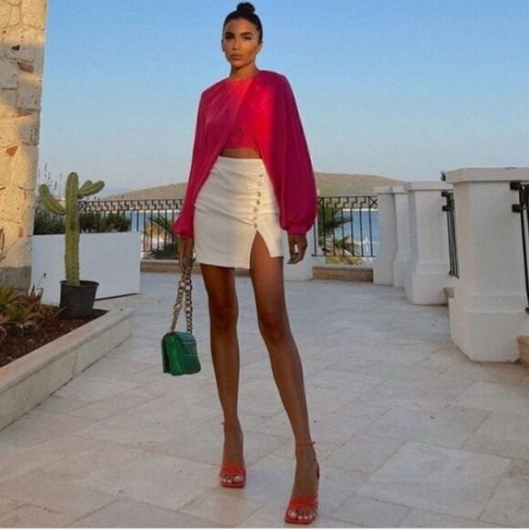 ZARA Bloggers Favorite Balloon Sleeve Crop Top Drapey Crossover Hot Pink Sz XL - Picture 13 of 16